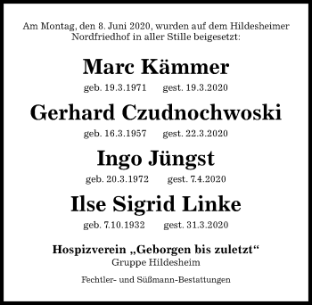Traueranzeige von Ingo Jüngst von Hildesheimer Allgemeine Zeitung