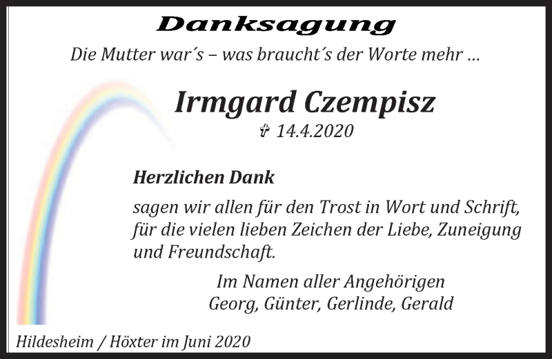  Traueranzeige für Irmgard Czempisz vom 13.06.2020 aus Hildesheimer Allgemeine Zeitung