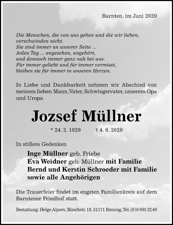 Traueranzeige von Jozsef Müllner von Hildesheimer Allgemeine Zeitung