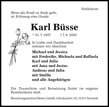 Traueranzeige von Karl Büsse von Hildesheimer Allgemeine Zeitung