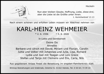 Traueranzeige von Karl-Heinz Wehmeier von Hildesheimer Allgemeine Zeitung