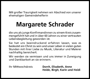 Traueranzeige von Margarete Schrader von Hildesheimer Allgemeine Zeitung
