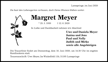 Traueranzeige von Margret Meyer von Hildesheimer Allgemeine Zeitung