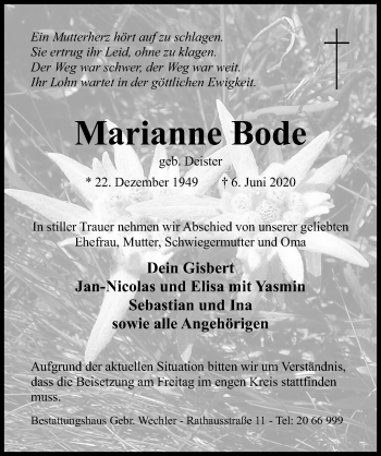 Traueranzeige von Marianne Bode von Hildesheimer Allgemeine Zeitung