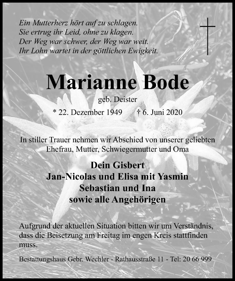  Traueranzeige für Marianne Bode vom 09.06.2020 aus Hildesheimer Allgemeine Zeitung