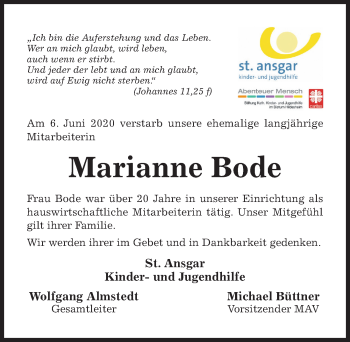 Traueranzeige von Marianne Bode von Hildesheimer Allgemeine Zeitung