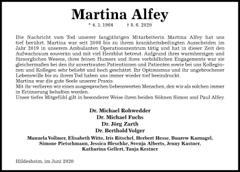 Traueranzeige von Martina Alfey von Hildesheimer Allgemeine Zeitung