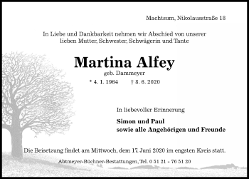 Traueranzeige von Martina Alfey von Hildesheimer Allgemeine Zeitung