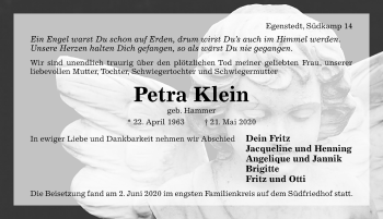 Traueranzeige von Petra Klein von Hildesheimer Allgemeine Zeitung