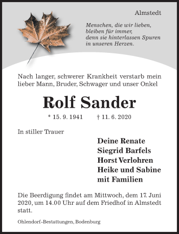 Traueranzeige von Rolf Sander von Hildesheimer Allgemeine Zeitung