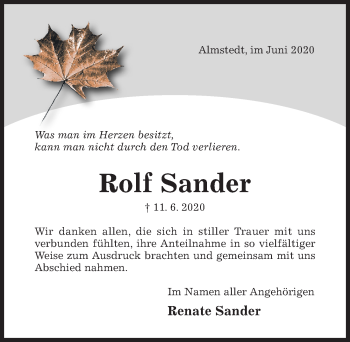 Traueranzeige von Rolf Sander von Hildesheimer Allgemeine Zeitung