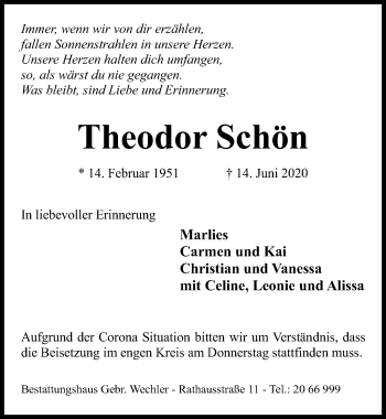 Traueranzeige von Theodor Schön von Hildesheimer Allgemeine Zeitung