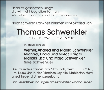 Traueranzeige von Thomas Schwenkler von Hildesheimer Allgemeine Zeitung