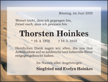 Traueranzeige von Thorsten Hoinkes von Hildesheimer Allgemeine Zeitung