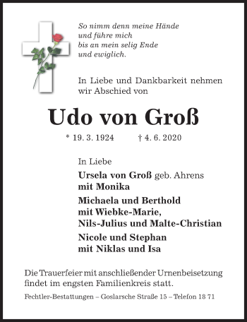 Traueranzeige von Udo von Groß von Hildesheimer Allgemeine Zeitung