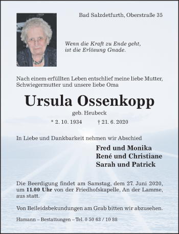 Traueranzeige von Ursula Ossenkopp von Hildesheimer Allgemeine Zeitung