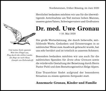 Traueranzeige von Uwe Gronau von Hildesheimer Allgemeine Zeitung