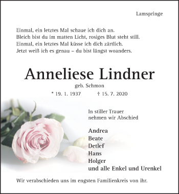 Traueranzeige von Anneliese Lindner von Hildesheimer Allgemeine Zeitung