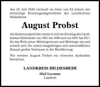 Traueranzeige von August Probst von Hildesheimer Allgemeine Zeitung