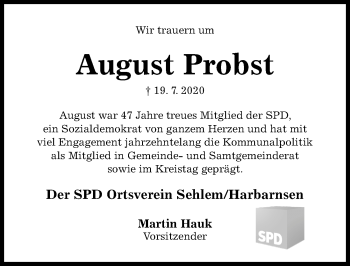 Traueranzeige von August Probst von Hildesheimer Allgemeine Zeitung