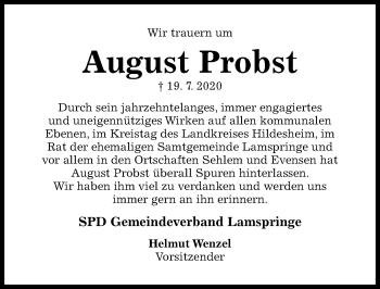 Traueranzeige von August Probst von Hildesheimer Allgemeine Zeitung