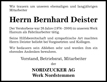 Traueranzeige von Bernhard Deister von Hildesheimer Allgemeine Zeitung