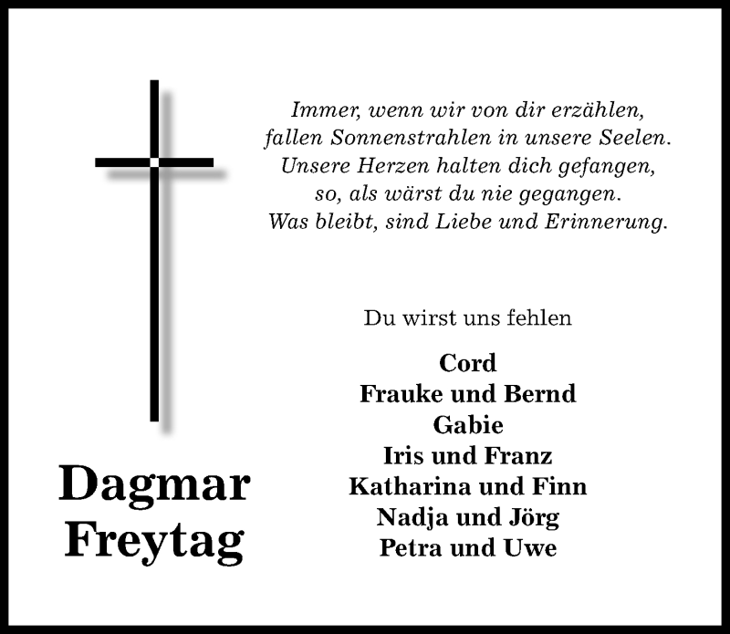  Traueranzeige für Dagmar Freytag vom 04.07.2020 aus Hildesheimer Allgemeine Zeitung