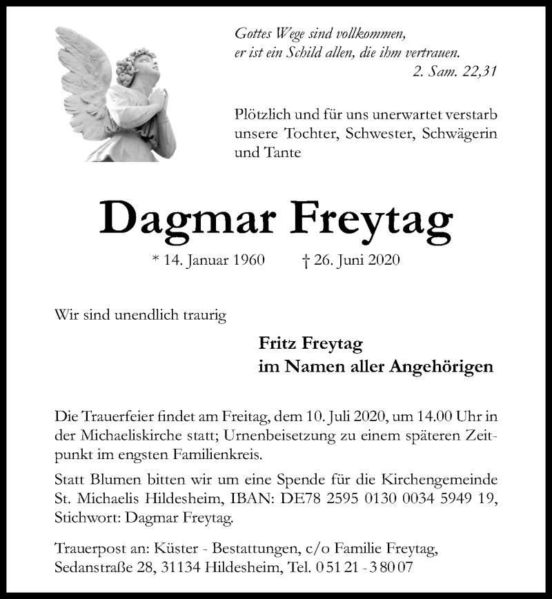  Traueranzeige für Dagmar Freytag vom 04.07.2020 aus Hildesheimer Allgemeine Zeitung