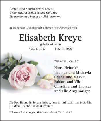 Traueranzeige von Elisabeth Kreye von Hildesheimer Allgemeine Zeitung