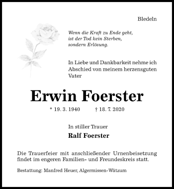 Traueranzeige von Erwin Foerster von Hildesheimer Allgemeine Zeitung