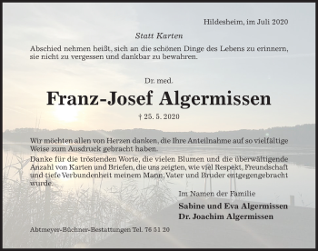 Traueranzeige von Franz-Josef Algermissen von Hildesheimer Allgemeine Zeitung