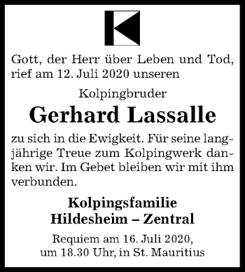 Traueranzeige von Gerhard Lassalle von Hildesheimer Allgemeine Zeitung