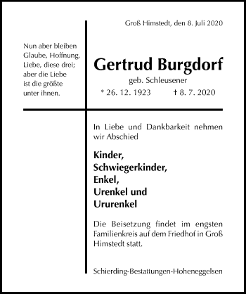 Traueranzeige von Gertrud Burgdorf von Hildesheimer Allgemeine Zeitung