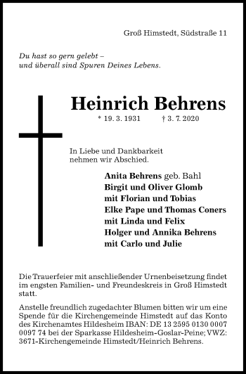 Traueranzeige von Heinrich Behrens von Hildesheimer Allgemeine Zeitung