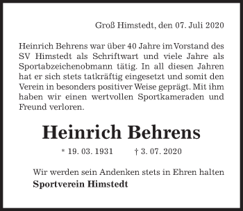 Traueranzeige von Heinrich Behrens von Hildesheimer Allgemeine Zeitung