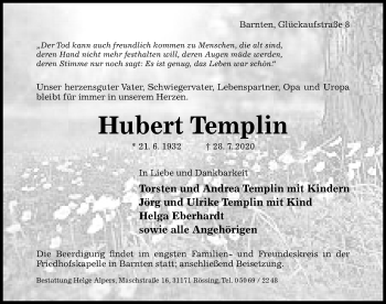 Traueranzeige von Hubert Templin von Hildesheimer Allgemeine Zeitung