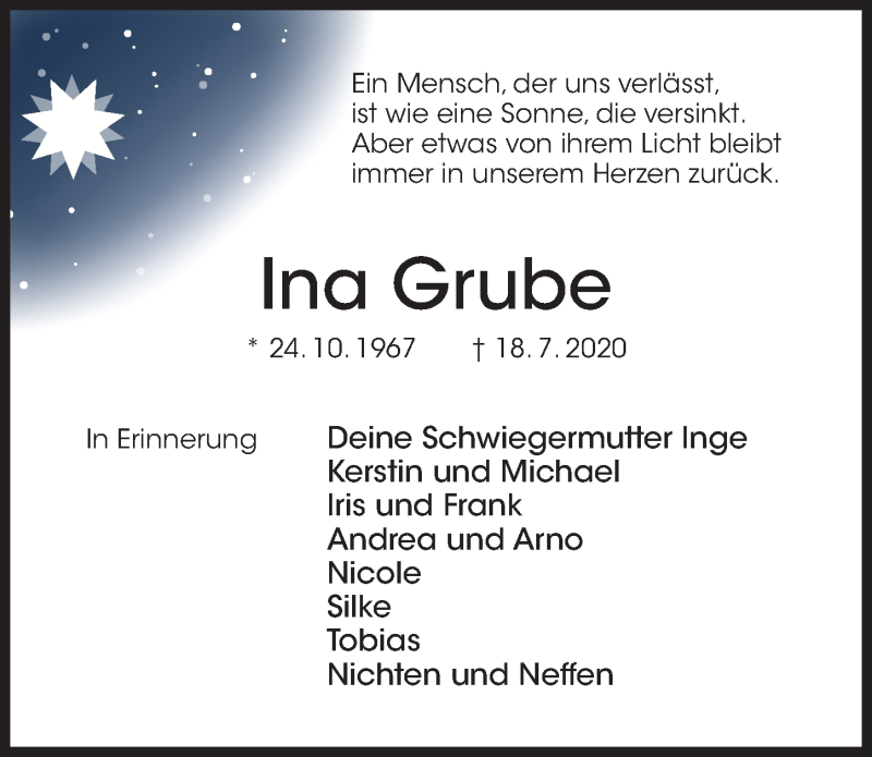  Traueranzeige für Ina Grube vom 23.07.2020 aus Hildesheimer Allgemeine Zeitung