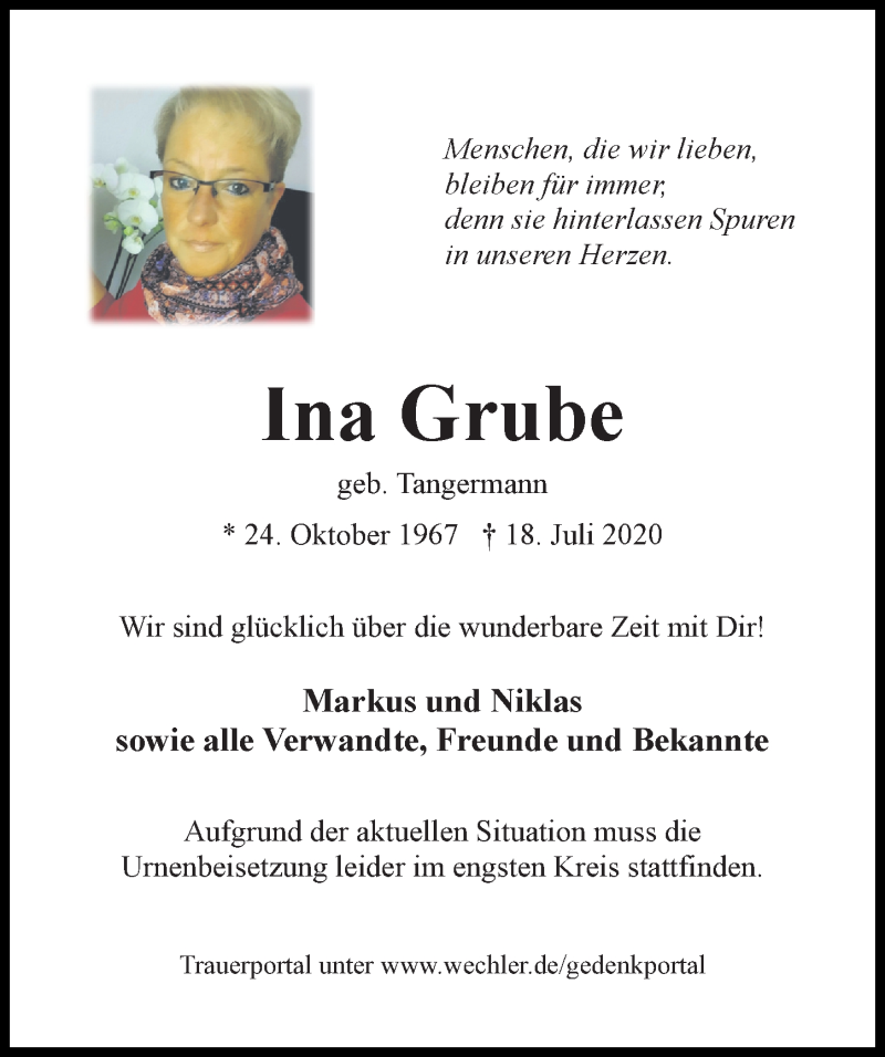  Traueranzeige für Ina Grube vom 23.07.2020 aus Hildesheimer Allgemeine Zeitung