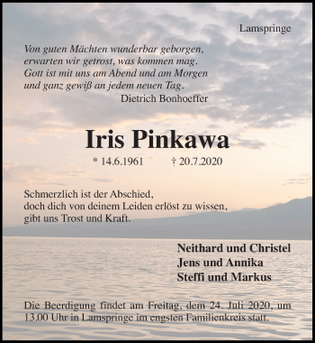 Traueranzeige von Iris Pinkawa von Hildesheimer Allgemeine Zeitung