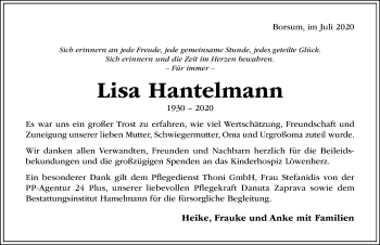 Traueranzeige von Lisa Hantelmann von Hildesheimer Allgemeine Zeitung