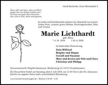 Traueranzeige von Marie Lichthardt von Hildesheimer Allgemeine Zeitung