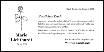 Traueranzeige von Marie Lichthardt von Hildesheimer Allgemeine Zeitung