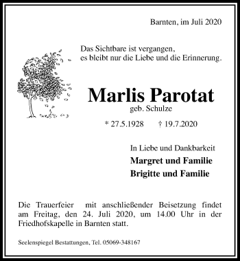 Traueranzeige von Marlis Parotat von Hildesheimer Allgemeine Zeitung