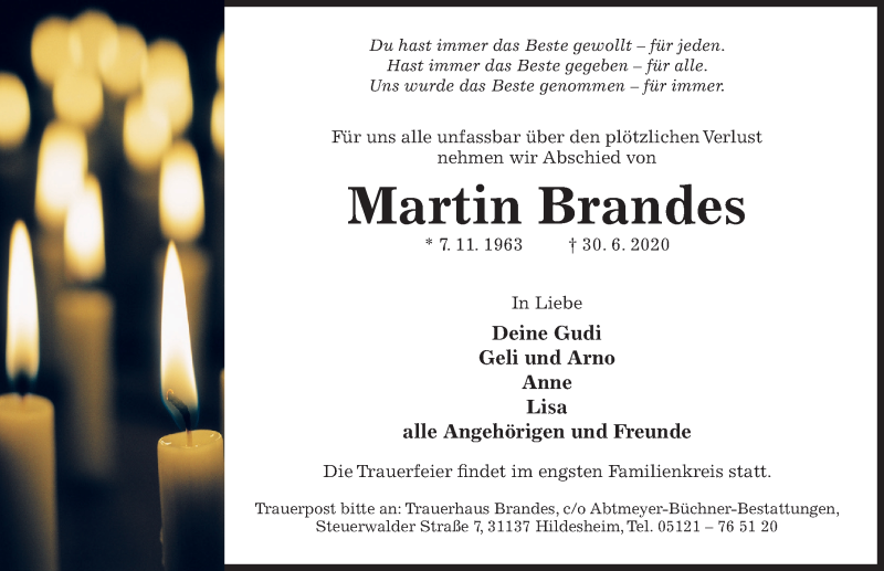  Traueranzeige für Martin Brandes vom 02.07.2020 aus Hildesheimer Allgemeine Zeitung