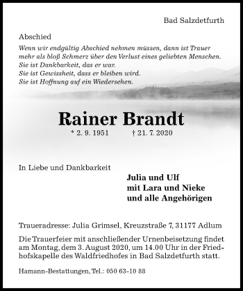 Traueranzeige von Rainer Brandt von Hildesheimer Allgemeine Zeitung