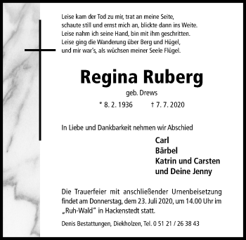 Traueranzeige von Regina Ruberg von Hildesheimer Allgemeine Zeitung