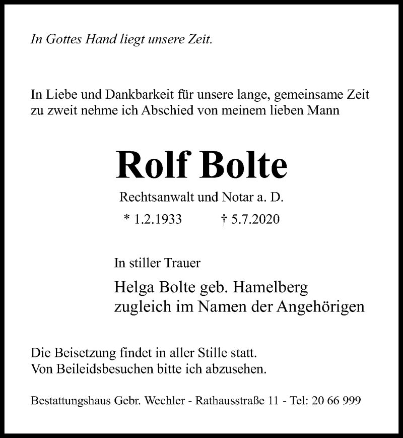  Traueranzeige für Rolf Bolte vom 10.07.2020 aus Hildesheimer Allgemeine Zeitung