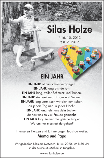 Traueranzeige von Silas Holze von Hildesheimer Allgemeine Zeitung