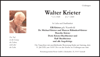 Traueranzeige von Walter Krieter von Hildesheimer Allgemeine Zeitung