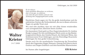 Traueranzeige von Walter Krieter von Hildesheimer Allgemeine Zeitung